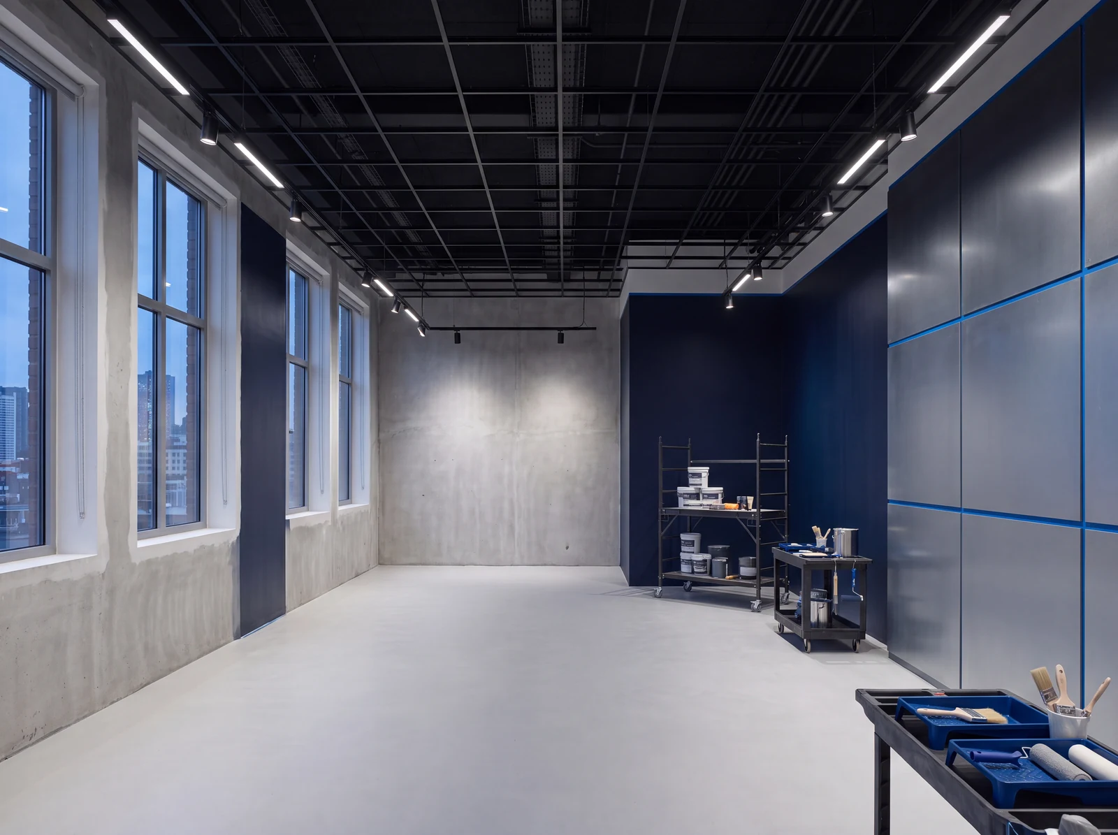 Organized commercial interior with prepared surfaces