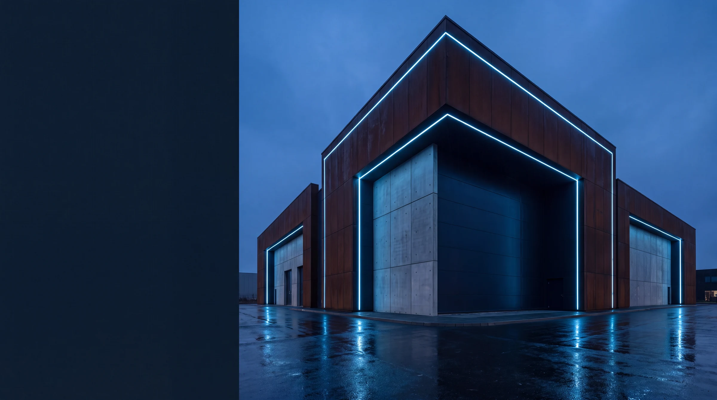 Representative contemporary industrial facility exterior at blue hour